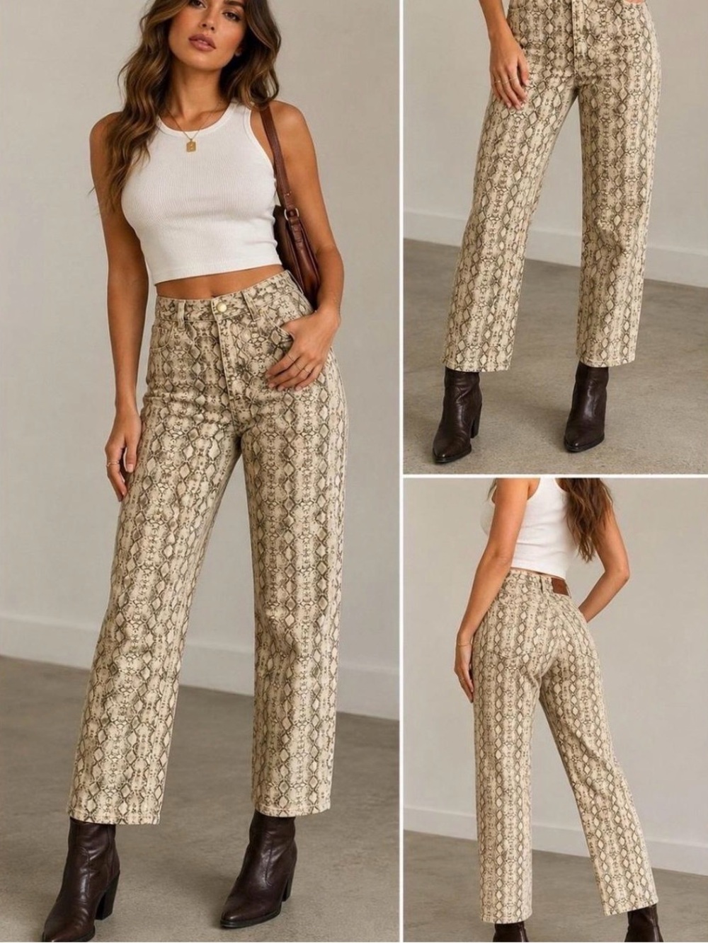 Zara Beige Snake Print Wide Leg Pants